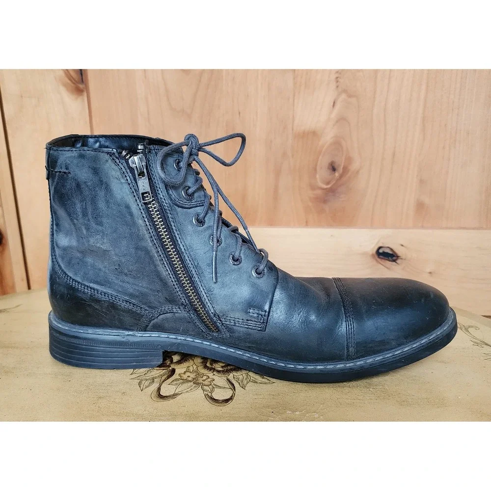 Rockport‎ US 11 Gray 100% Leather Lace Up High Top Combat Boots Moto Grunge Punk